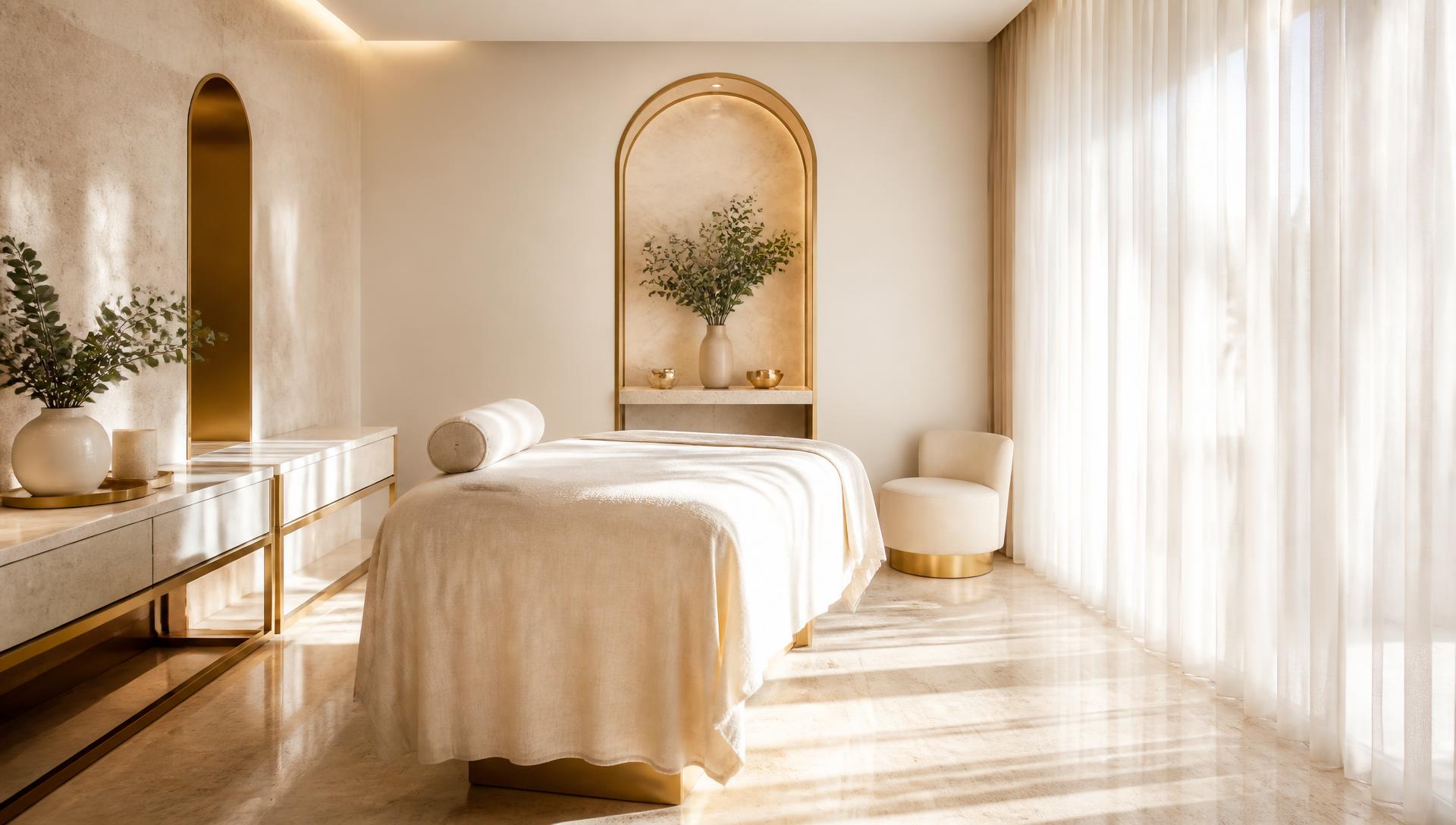 Bright BEAUTY BY NOMI treatment studio in cream, travertine and gold