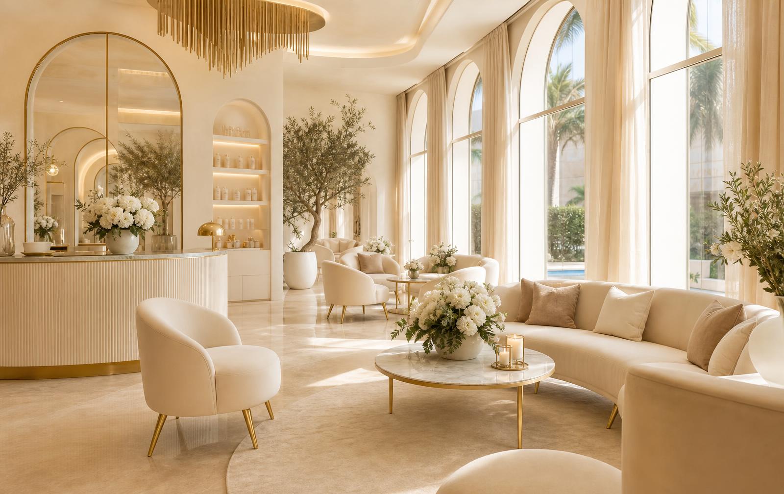 Calm treatment room in cream, travertine and brass tones
